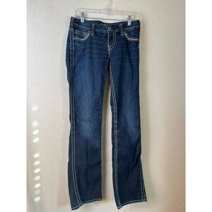 Women Silver Frances Jean Y2K 90s Dark Wash White Stitching Sz W28/L33